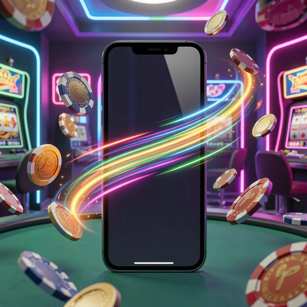 663ID fast casino app access visual showing a smartphone with speed light trails, coins and chips flying around against a modern neon casino background in a dynamic 3D render