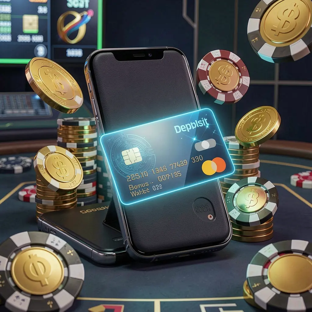 663ID deposit bonus concept featuring a smartphone wallet with a glowing payment card, surrounded by golden coins and poker chips in a modern mobile casino style