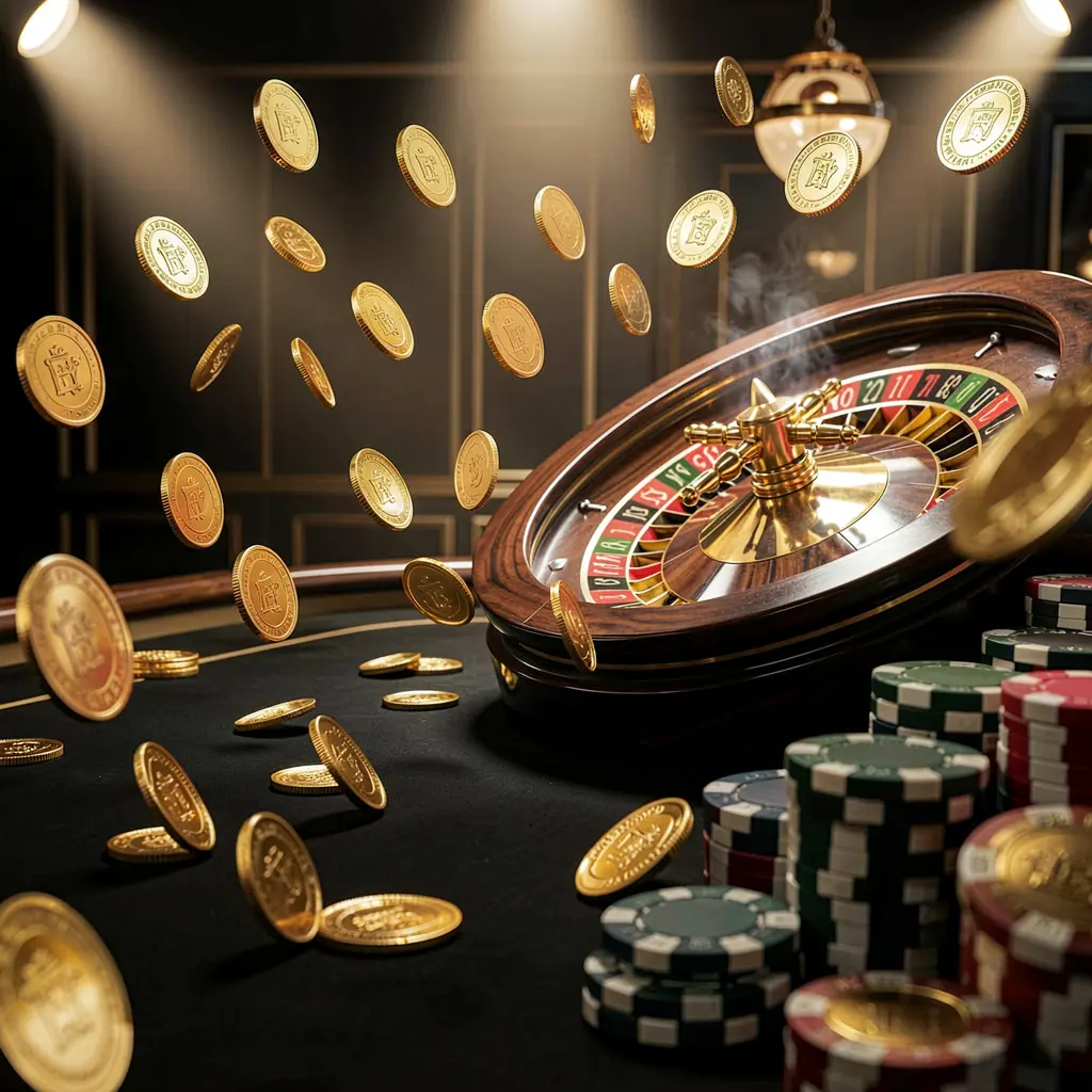 663ID online casino main page background featuring dramatic casino lights, golden coins flying, stacked poker chips in the foreground, and a roulette wheel behind in a luxury black and gold atmosphere
